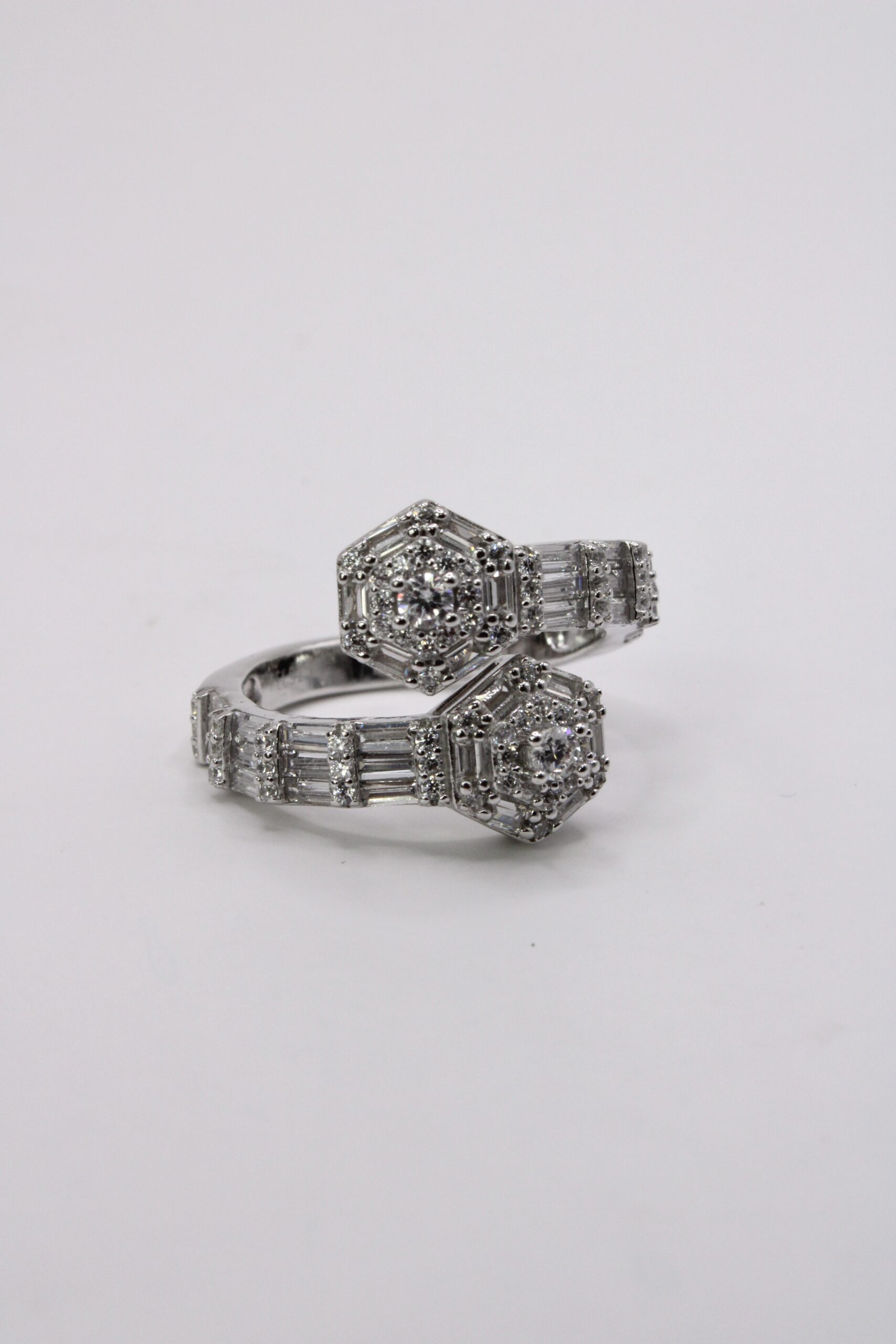 Anillo De Plata 925 Doble Hexagonal Con Baguettes