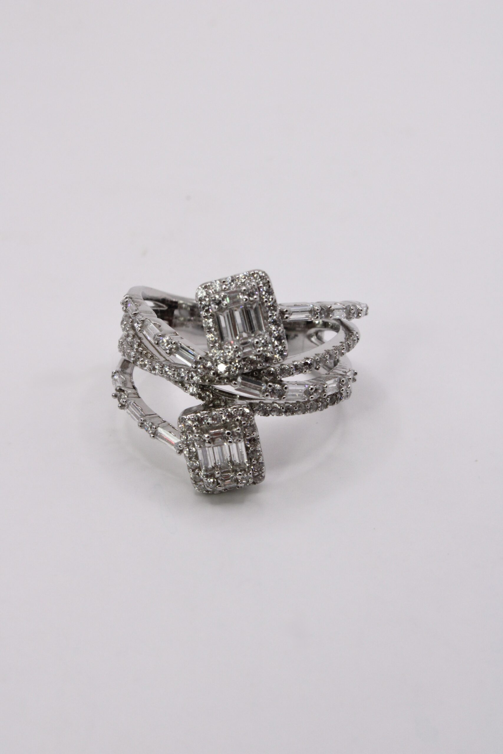Anillo De Plata 925 Doble Halo Baguette Cruzado